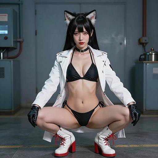 Confident Cat-Eared Woman in Industrial Room