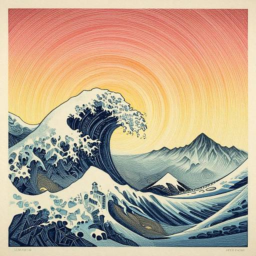 Digital illustration of a stylized, vibrant wave crashing against snow-covered mountains under a red-orange circular sunset sky. Artist: M. D. V.