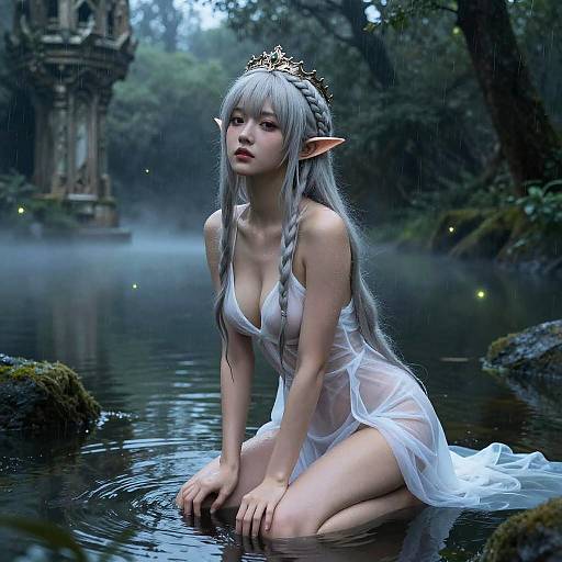 Digital fantasy artwork of an elf woman with long silver hair, wearing a white, translucent dress, kneeling in a misty forest pond, with a stone