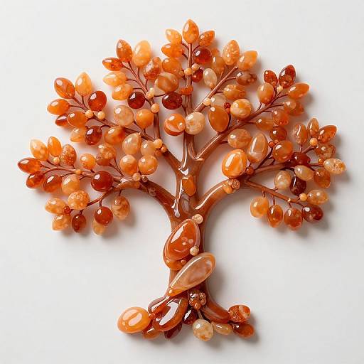 Photograph of a glossy, ornamental tree made from various shades of orange and red glass beads, arranged in a symmetrical pattern on a white background