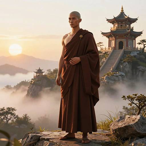 Bald Cowled Monk at Sunrise Temple