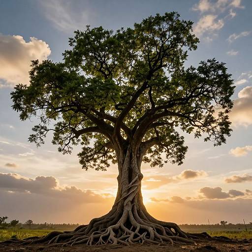 Photograph of a large, twisted tree with extensive roots, silhouetted against a vibrant sunset sky with scattered clouds.
