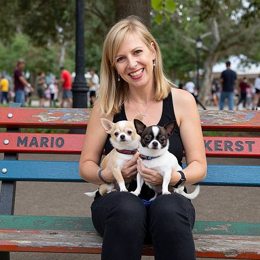 Blonde woman with shoulder-length hair, smiling, wearing black tank top and jeans, sits on colorful park bench holding two small Chihuahuas.