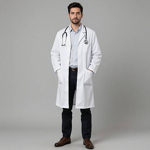 Photograph of a handsome, bearded man with dark hair, wearing a white lab coat, black pants, brown shoes, and a stethoscope