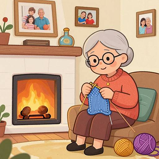 Cartoon elderly woman with glasses, gray hair, orange sweater, knitting blue yarn by fireplace, surrounded by family photos, yarn balls.