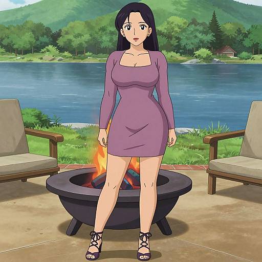 Anime-style woman with long black hair, purple dress, and black sandals stands by a fire pit by a lakeside. Green trees and mountains in the