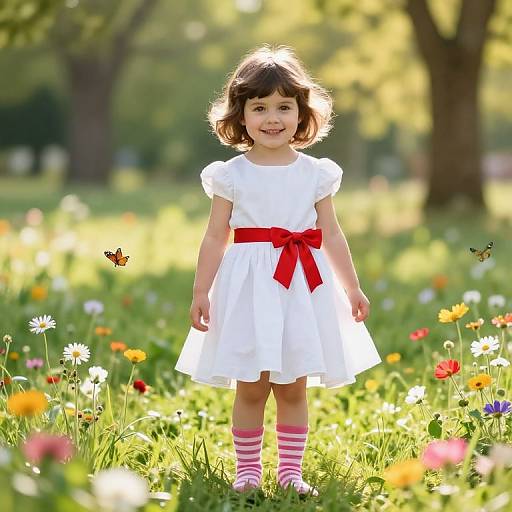Photograph of a smiling young girl with dark brown hair, wearing a white dress with a red bow, pink-striped socks, standing in a sunlit