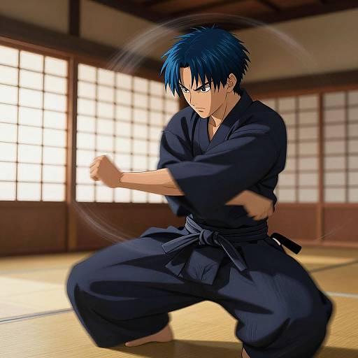 Blue-Haired Anime Martial Artist Action