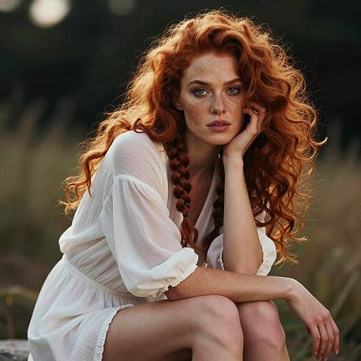Photograph of a red-haired woman with freckles, wearing a white, loose-fitting dress, sitting outdoors with a thoughtful expression, hands on