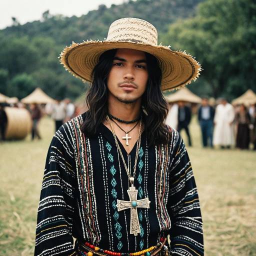 Man in Boho Costume with Straw Hat and Cross Necklaces