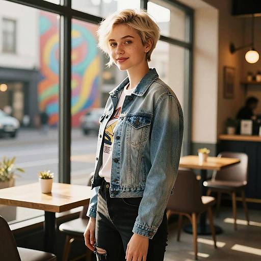 Photograph of a smiling, blonde, short-haired woman in a denim jacket, standing in a sunlit, modern café with colorful street art outside.