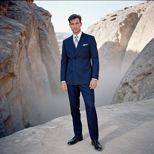 Photograph of a serious, handsome man in a dark navy double-breasted suit, white shirt, and black shoes, standing on rocky terrain with large