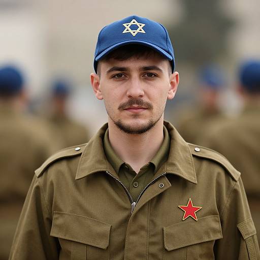 Photograph of a young male soldier with light skin, brown eyes, short dark hair, and mustache, wearing a blue cap with a white star