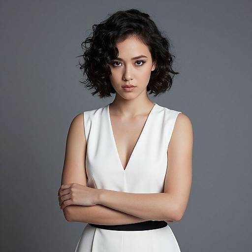 Photograph of a young woman with short, curly black hair, wearing a sleeveless white V-neck dress, arms crossed, against a gray background.