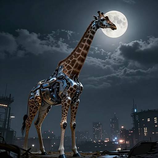 Cybernetic giraffe with mechanical parts stands under a full moon in a dark, futuristic cityscape with skyscrapers and clouds.