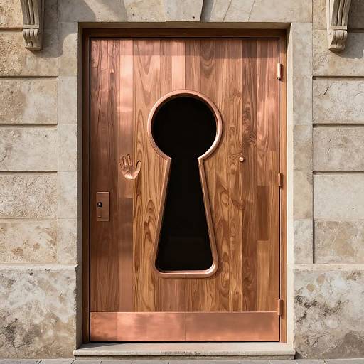 Photograph of a wooden door with a large keyhole, featuring a raised left handprint, set in a stone building.