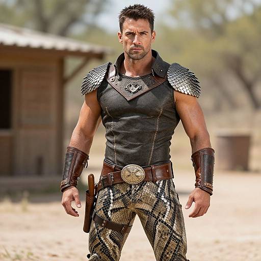 Muscular man with short dark hair, black sleeveless shirt, snake-patterned pants, and armored shoulder guards stands confidently in a desert-like setting.