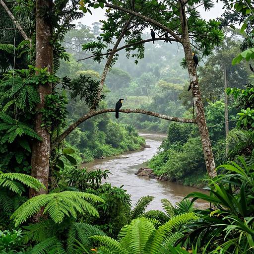 Photograph of a lush, green jungle with a river in the background, a tree arch with a bird perched on it, and ferns in