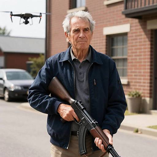 Focused Older Man with Rifle on Street