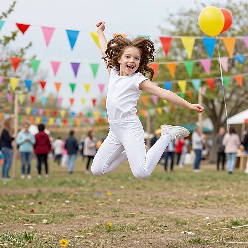 Photograph of a joyful brown-haired girl in white, mid-jump, holding a yellow balloon, amidst colorful bunting, outdoors, with blurred spectators