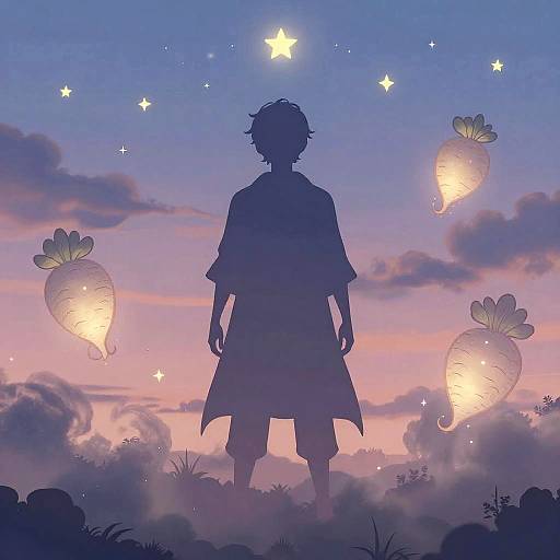 Silhouetted child in long coat stands before a twilight sky, surrounded by glowing paper carrots and stars, in a whimsical, digital art style