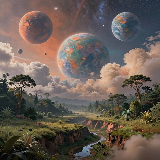 Digital artwork of a vibrant, detailed alien landscape with three colorful planets in a starry sky, lush greenery, and a winding river.