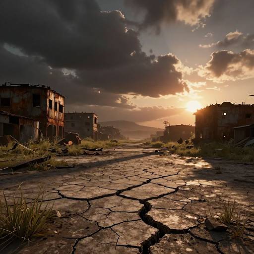 Photograph: Abandoned, cracked asphalt road at sunset, surrounded by dilapidated buildings, overgrown grass, and dramatic, dark clouds. Golden