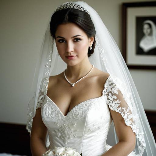 Bride in Queen Anne Neckline Wedding Dress