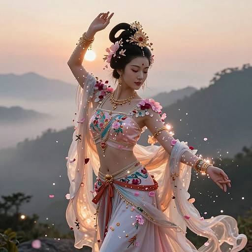 Photograph of an Asian dancer in traditional attire with floral embroidery, translucent veil, and gold jewelry, performing against a mountain sunset backdrop with glowing petals.