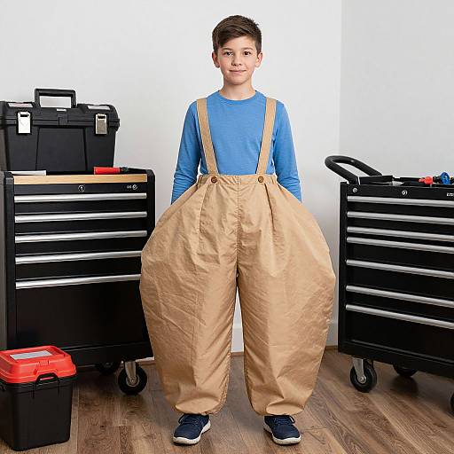 Photograph of a young boy with short brown hair, wearing oversized beige overalls, blue long-sleeve shirt, and navy sneakers, standing in