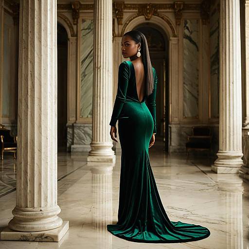 Elegant Woman in Emerald Velvet Evening Gown