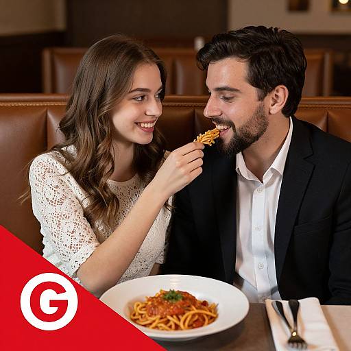 Photograph of a smiling couple in a restaurant, woman with long brown hair in white lace dress feeding man spaghetti, both wearing black suits. Background: