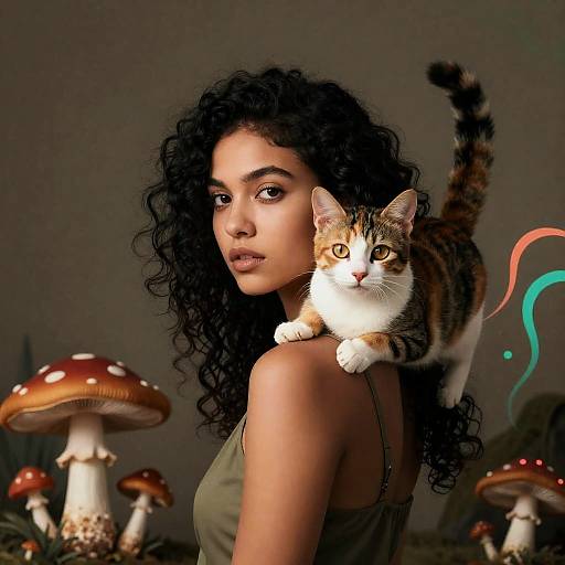 Psychedelic Girl with Calico and Mushrooms