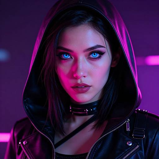 Photorealistic digital portrait of a young woman with striking blue eyes, wearing a black leather hooded jacket and choker, illuminated by vibrant purple and