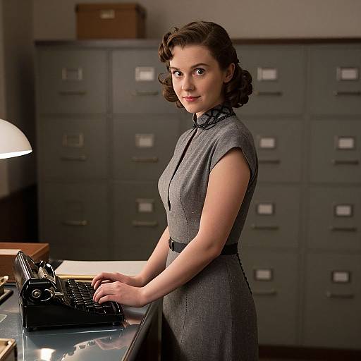 Photograph of a 1940s-style woman with curly brown hair, wearing a gray dress, typing on an old black typewriter in an office