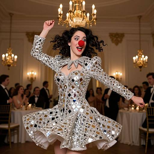 Photograph of a curly-haired woman in a sparkling silver mirror dress, red clown nose, dancing in a luxurious ballroom with chandeliers and eleg