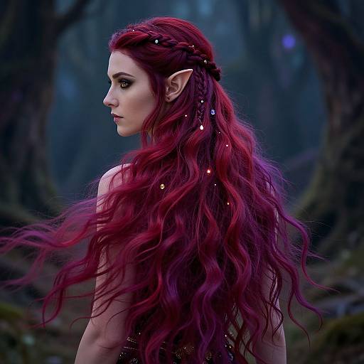 Digital fantasy artwork of a pale-skinned, red-haired elf with pointed ears, long wavy hair adorned with jewels, looking over her shoulder in a