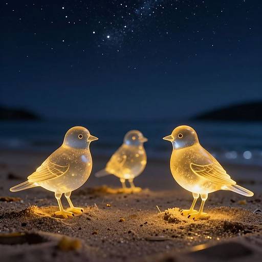 Photograph of three glowing bird-shaped LED lights on a sandy beach at night, with a starry sky in the background.