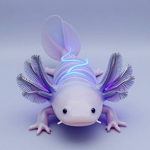Digital CGI of a glowing, white, insect-like creature with blue neon accents, feathered ears, and a translucent tail on a light blue gradient background