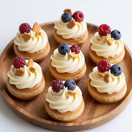 Photograph of six mini dessert cups topped with creamy white swirled frosting, blueberries, raspberries, and crumbled nuts on a wooden round
