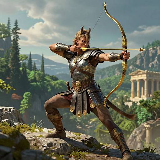 Digital artwork of a muscular, horned archer in silver armor, drawing a golden bow on a rocky, forested mountain ledge. Ancient temple in