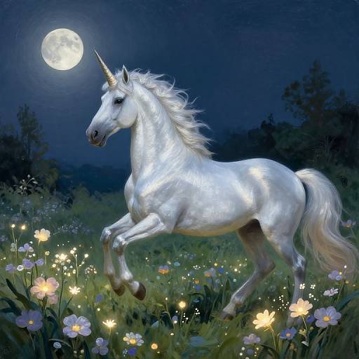 Digital painting of a shimmering white unicorn with a glowing horn, mid-leap in a moonlit field of glowing flowers and fireflies.