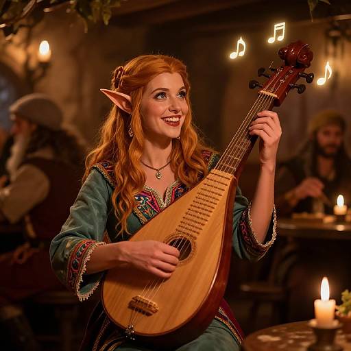 Photograph of a smiling, red-haired elf woman with pointed ears playing a wooden lute in a dimly lit, candle-lit tavern.
