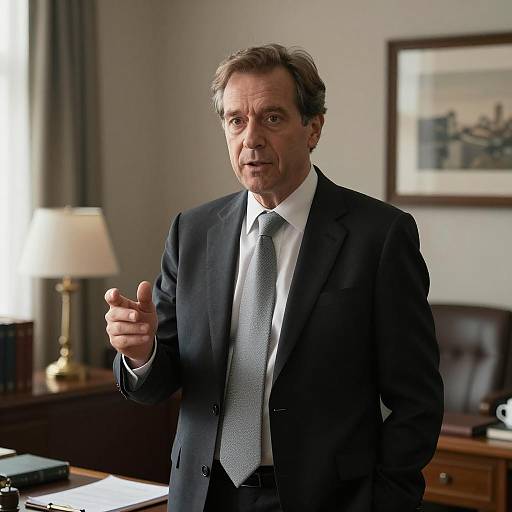 Gesturing Businessman in Dim Office