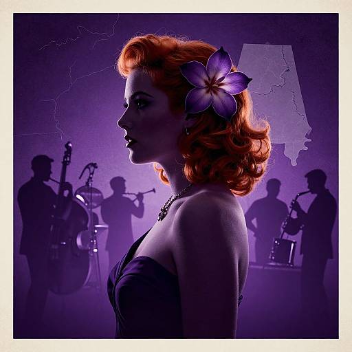Photographic silhouette of a red-haired woman with a purple flower in her hair, wearing a strapless black dress, against a purple, electrified background
