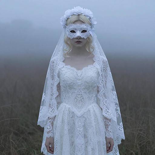 Woman in White Lace Dress with Mask in Foggy Field