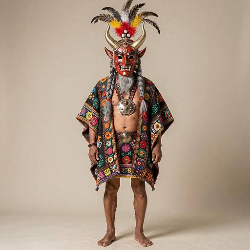 Photograph of a male figure in colorful, patterned robe and red mask with horns and feathers, standing barefoot on beige background.