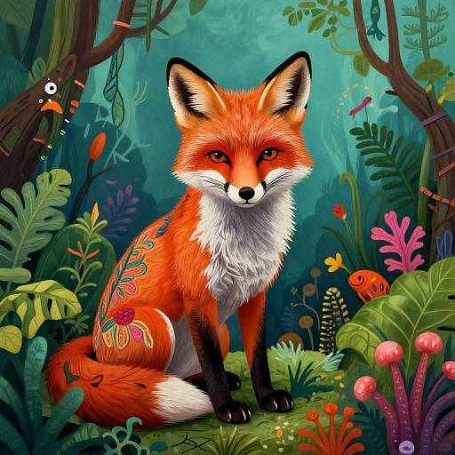 Digital art of a vibrant red fox with white chest and black legs, adorned with colorful tattoos, sitting in a lush, colorful forest with diverse plants and