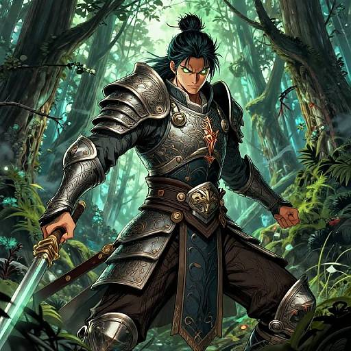 Digital anime-style drawing of a fierce, black-haired warrior in silver armor, wielding a glowing sword in a luminous, dense forest.