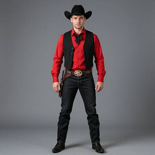 Photograph of a Caucasian man in a black cowboy hat, red shirt, black vest, and jeans, standing confidently with a gun holster on his right